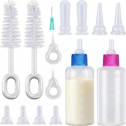 Tondiamo Kitten Bottle Feeding Kit front view showing two transparent nursing bottles and multiple silicone replacement nipples.
