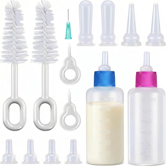 Tondiamo Kitten Bottle Feeding Kit front view showing two transparent nursing bottles and multiple silicone replacement nipples.