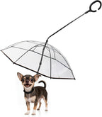 PETLESO clear dog umbrella front view protecting a small puppy during a rainy day walk.