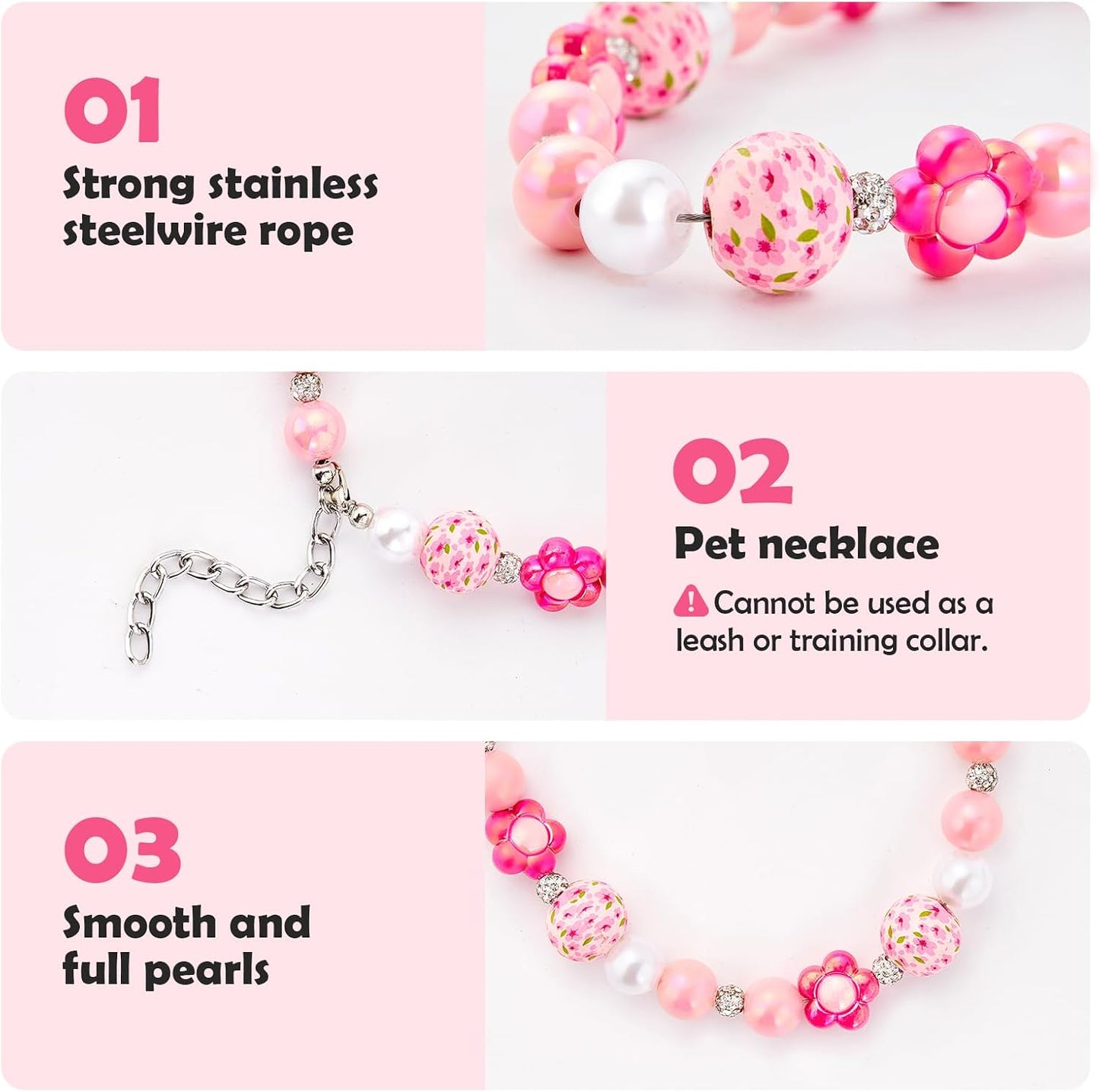 Adjustable pink pearl dog necklace accessory for small puppies close up