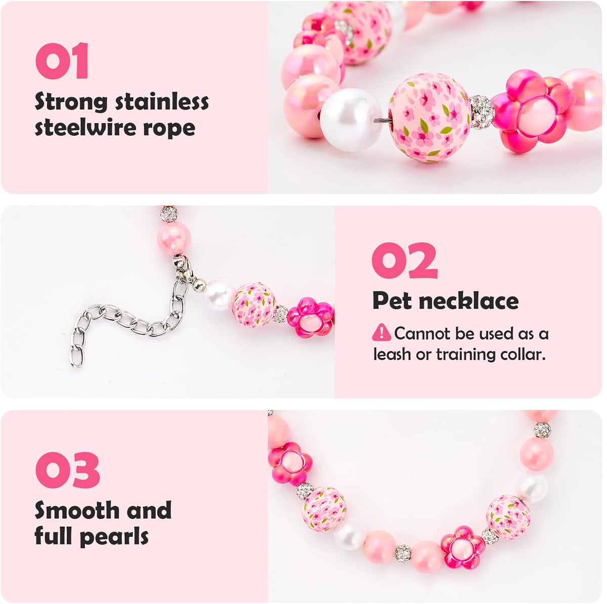 Adjustable pink pearl dog necklace accessory for small puppies close up