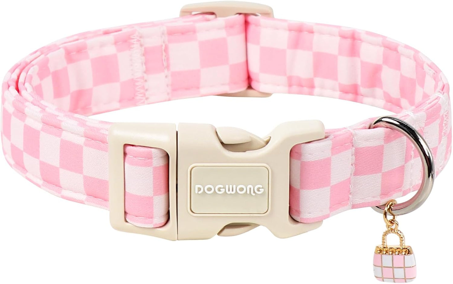 Dogwong pink checked dog collar front view for small dogs