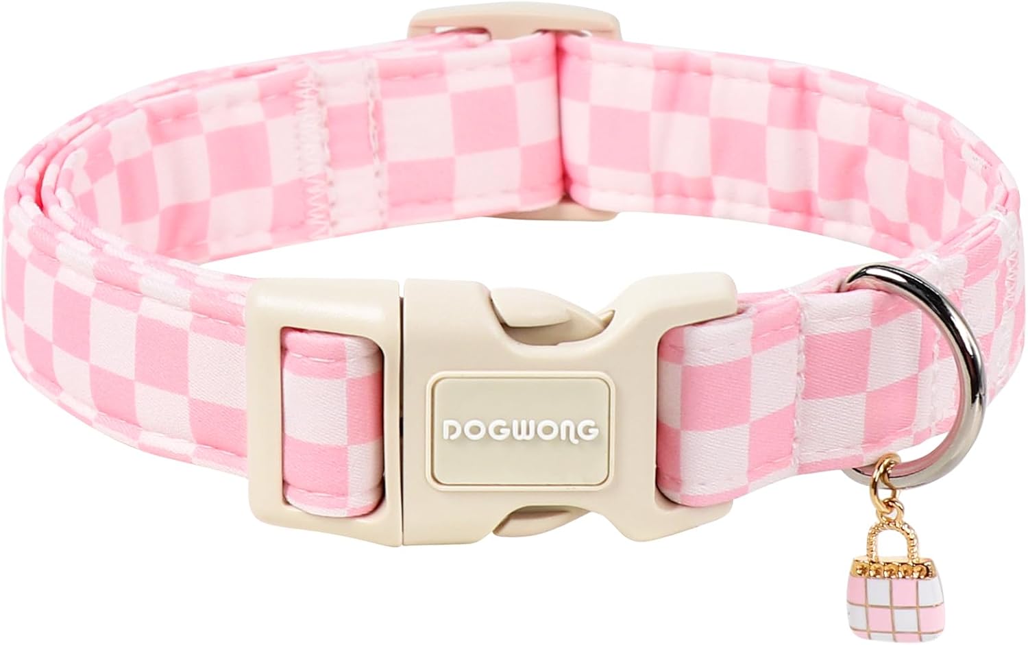 Dogwong pink checked dog collar front view for small dogs