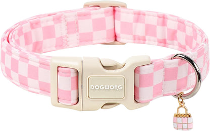 Dogwong pink checked dog collar front view for small dogs