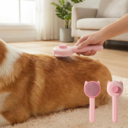 Depets cat ear design self-cleaning slicker brush front view for pet grooming.