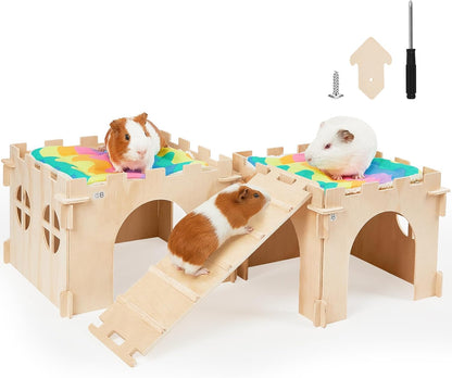 Guinea Pig Hideout, Guinea Pigs House with Stairs and Mats Extra Large Guinea Piggy Castle Detachable Hideouts for Small Animals Wooden Guinea Pig Habitats with Multiple Doors and Windows - Image 1