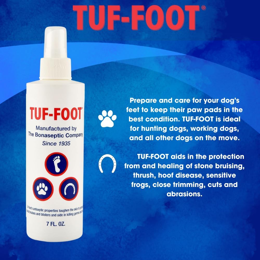 Tuf-Foot seven ounce bottle set showing ingredients and usage instructions