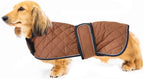 Dog wearing pink quilted winter coat outdoors