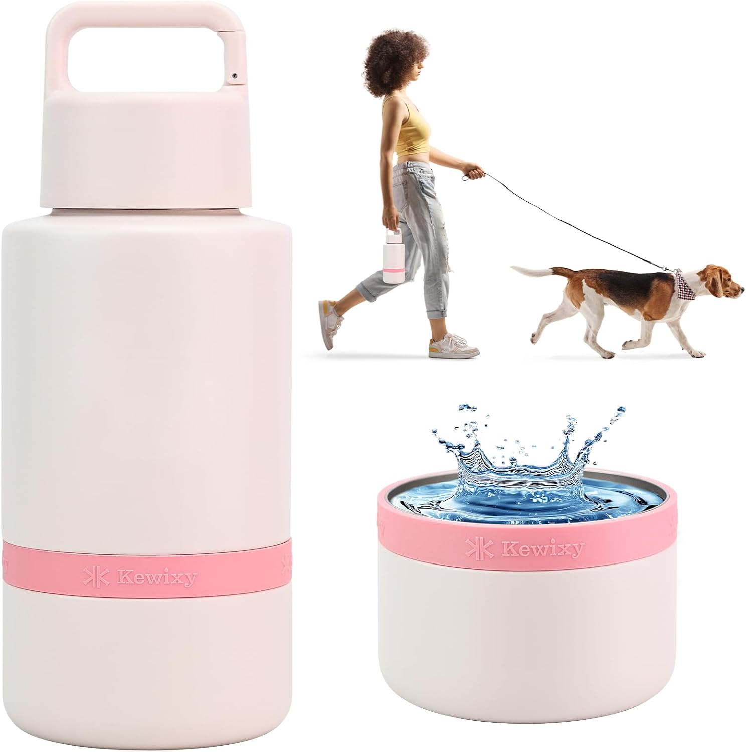 KEWIXY insulated dog water bottle front view in pale pink finish