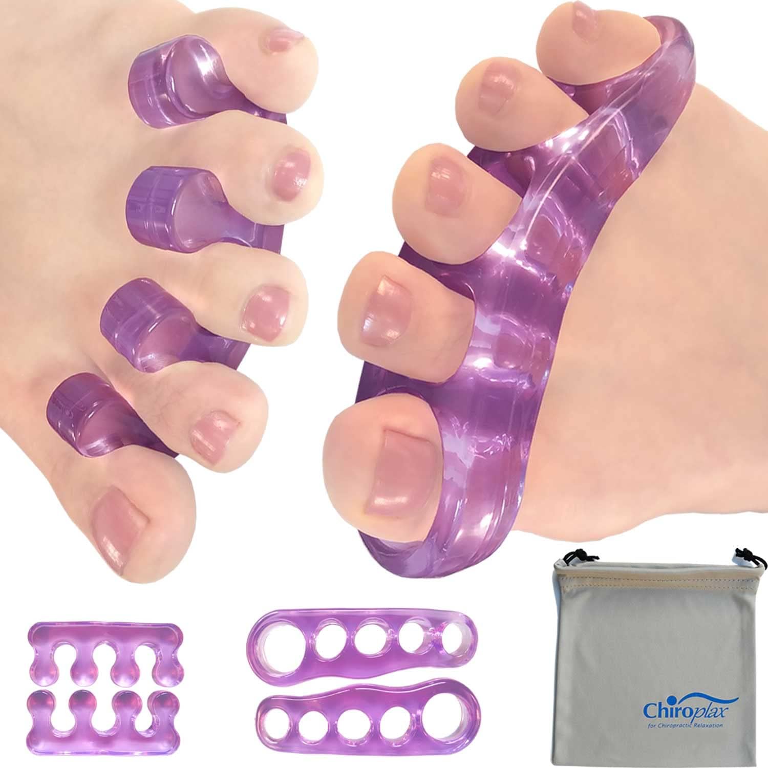 Chiroplax silicone gel toe separators front view with storage pouch.