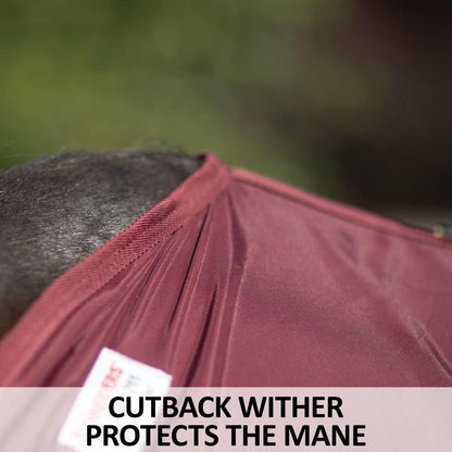 Adjustable neck fit system on green horse stable sheet