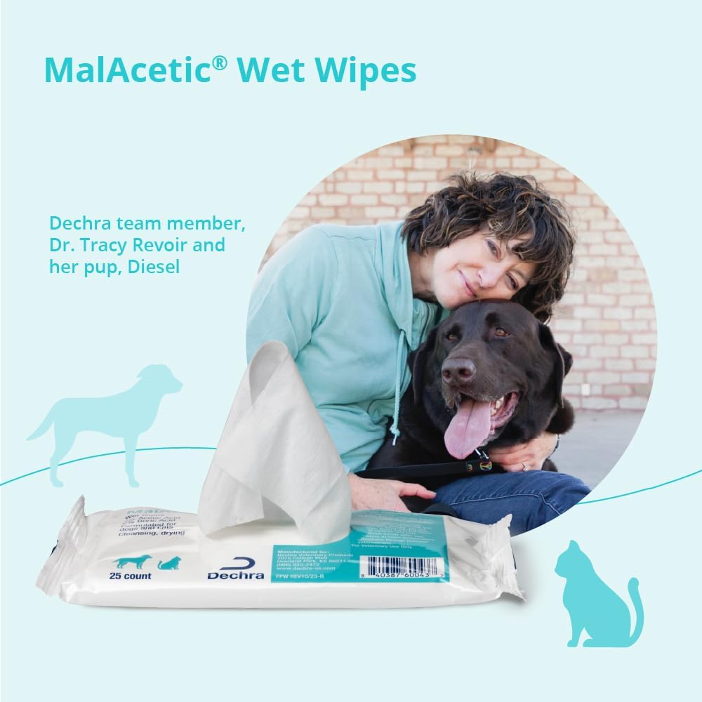 MalAcetic medicated no rinse wipes for managing yeast and bacteria on pets.