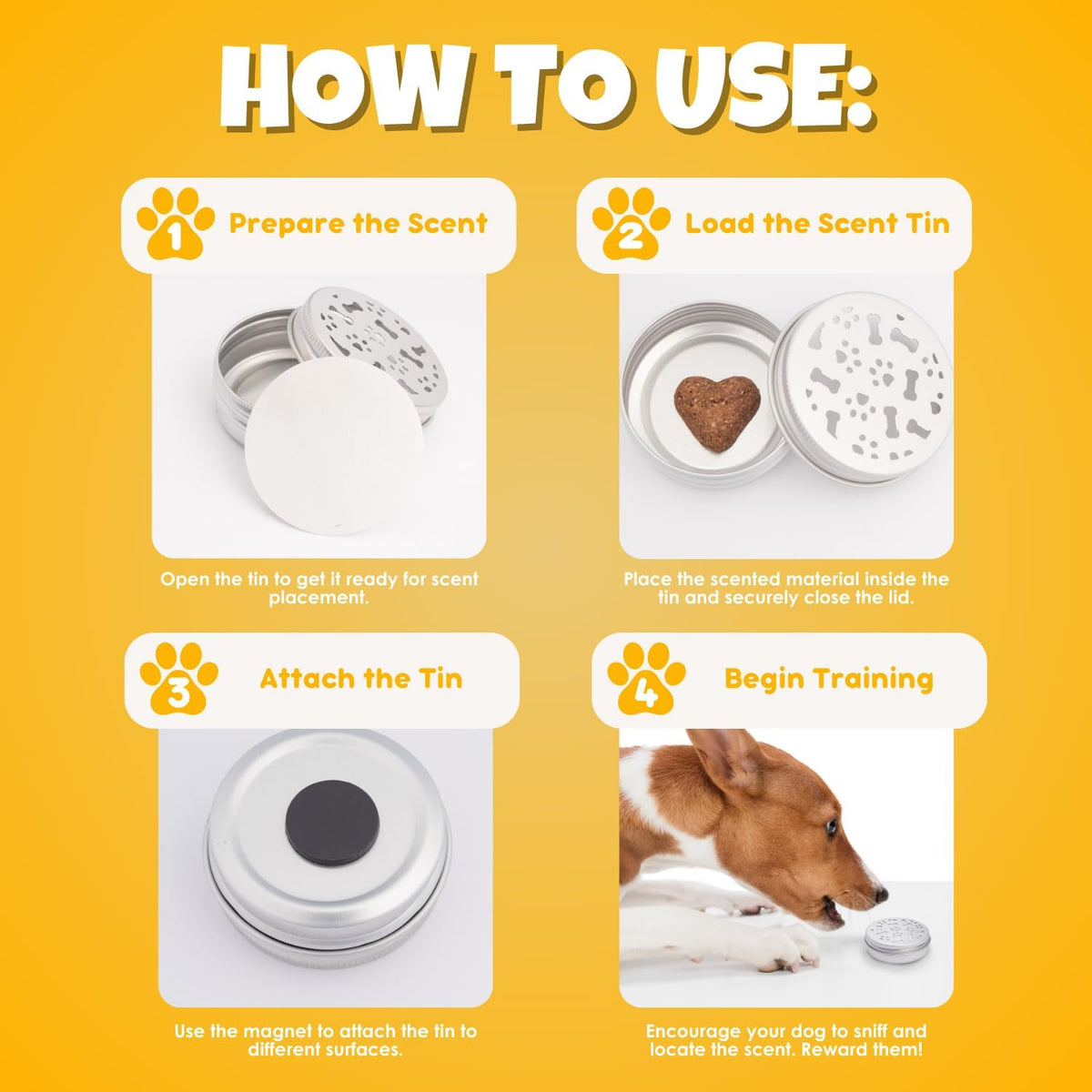 Close up of aluminum dog scent work tin with magnetic base