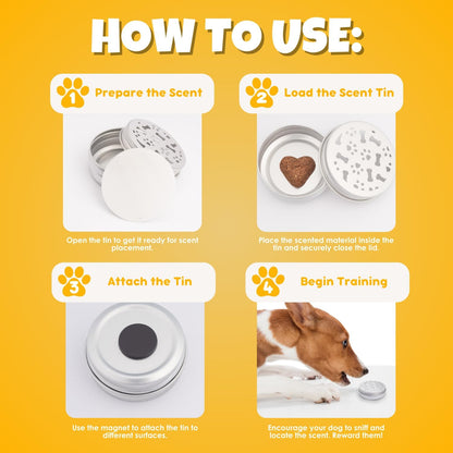 Close up of aluminum dog scent work tin with magnetic base