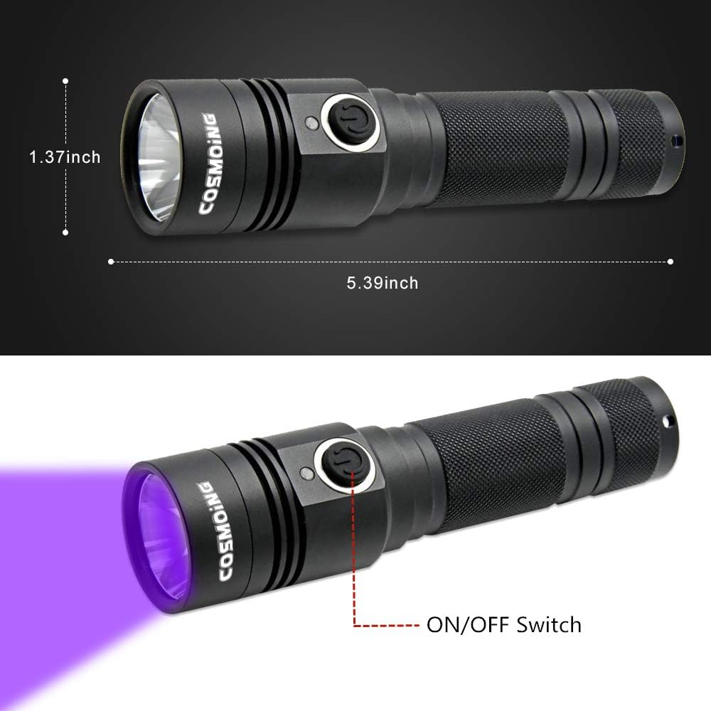 Rechargeable black light flashlight illuminating hidden pet urine stains on a living room carpet