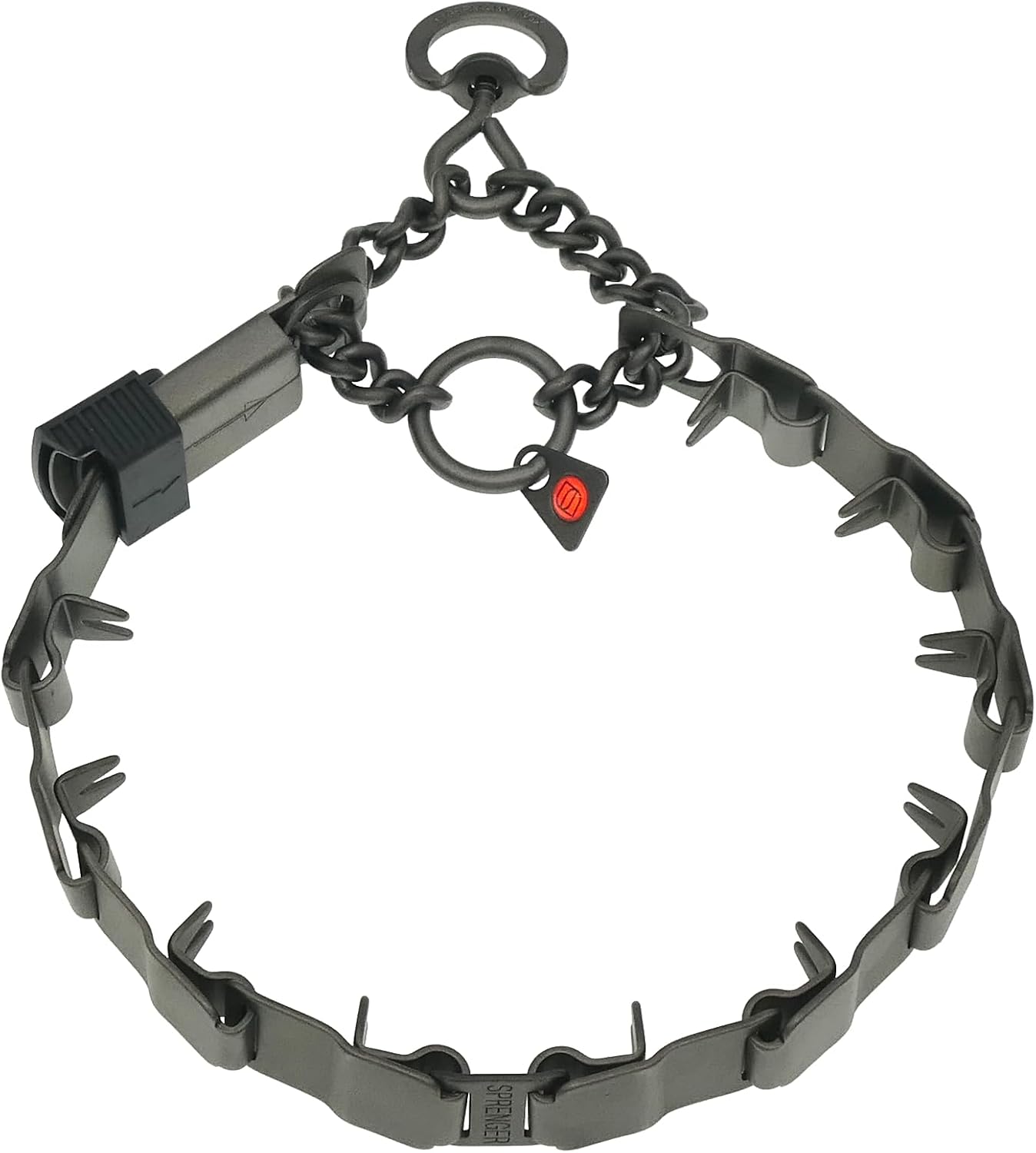 Black stainless steel no-pull dog collar with secure side buckle close up
