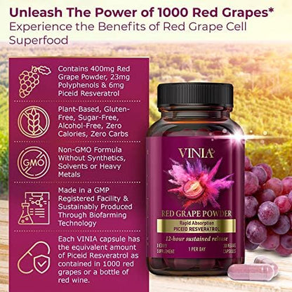 Vinia 30 count bottle showing red grape powder benefits