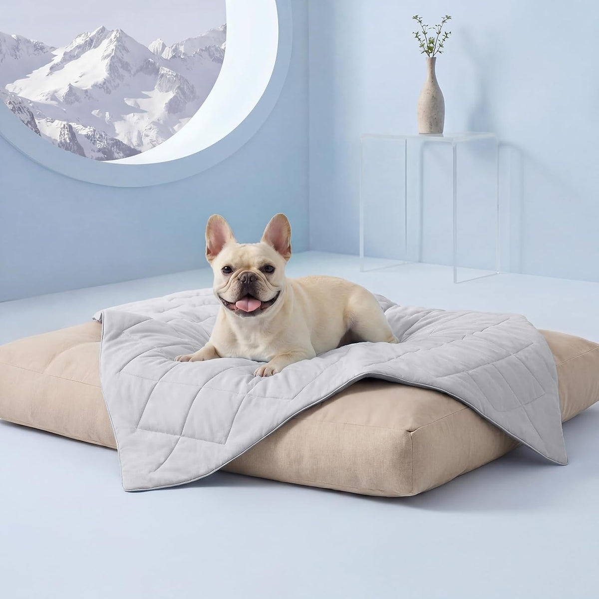 Luciphia Premium Cooling Dog Blanket front view showing light grey quilted design.