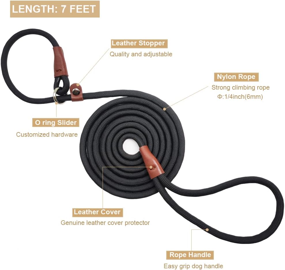BTINESFUL 7 feet dog training lead displaying the adjustable collar loop configuration