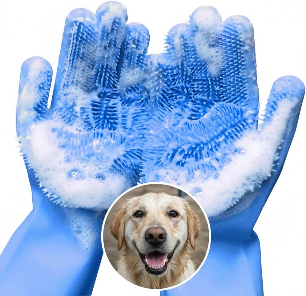 RZleticc cat and dog shampoo grooming gloves blue front view