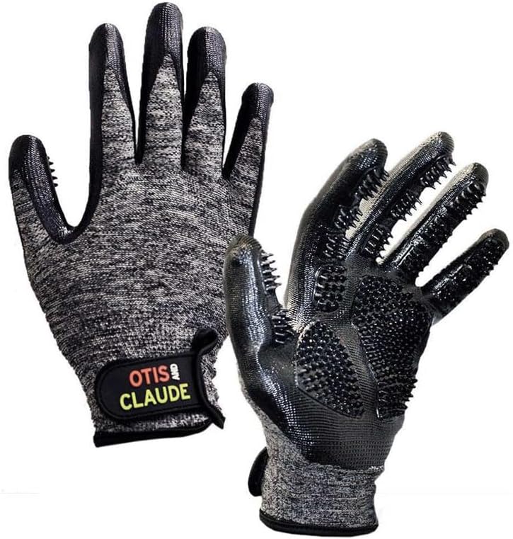 Otis and Claude pet grooming gloves front view showing soft silicone tips