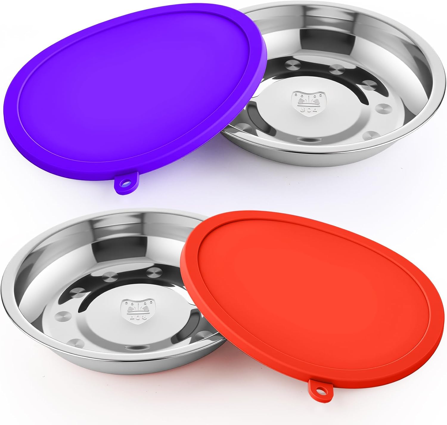 Patelai stainless steel dog bowls front view with red and purple silicone lids