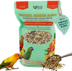 Birds LOVE conure food bag showing fruit and seed ingredients