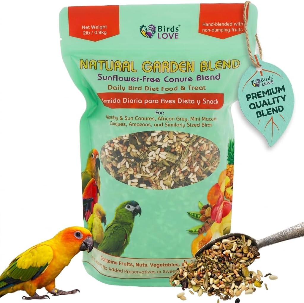 Birds LOVE conure food bag showing fruit and seed ingredients