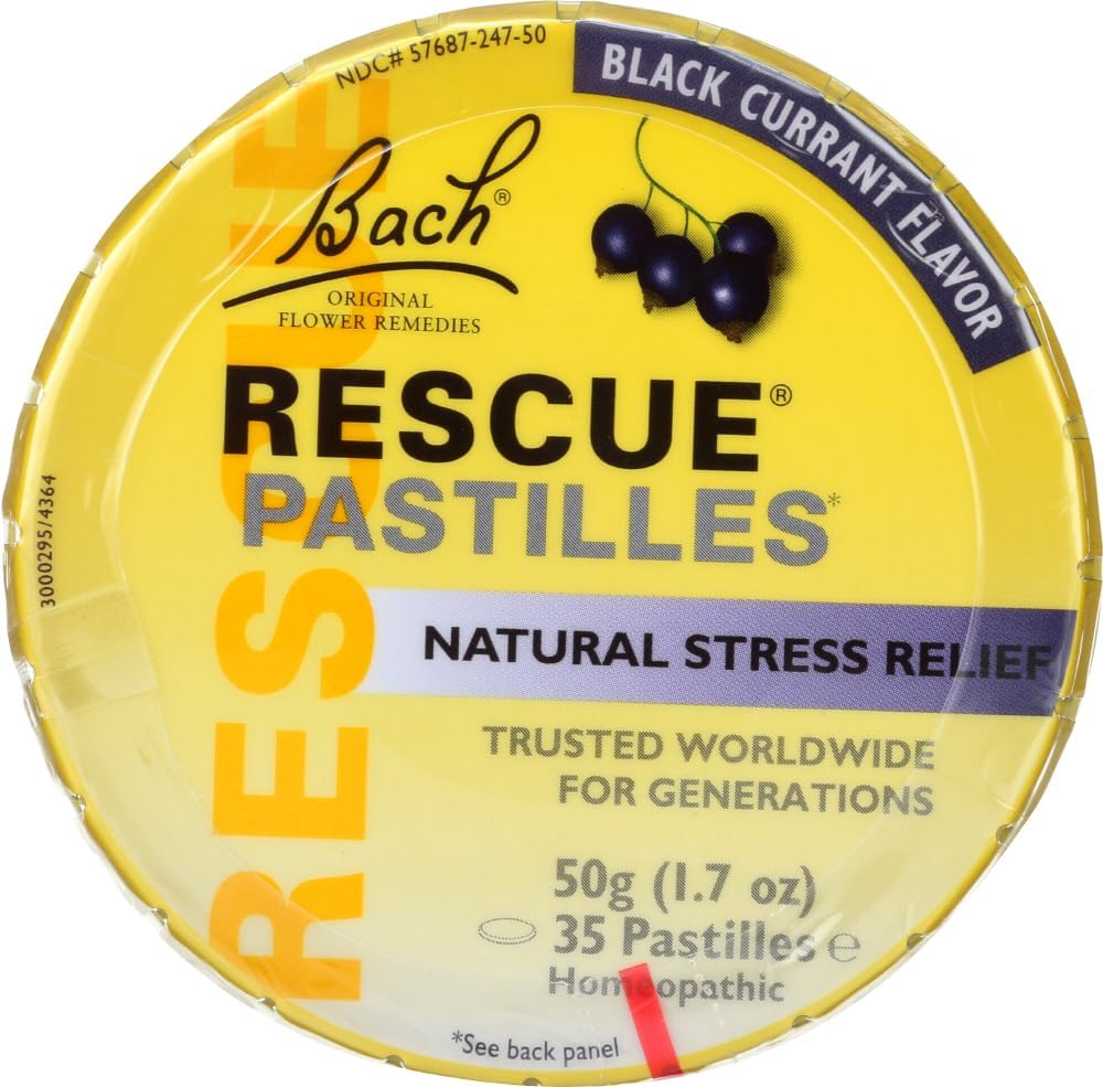 Bach Original Flower Remedies Rescue Remedy Blackcurrant Pastilles front tin view for stress relief.