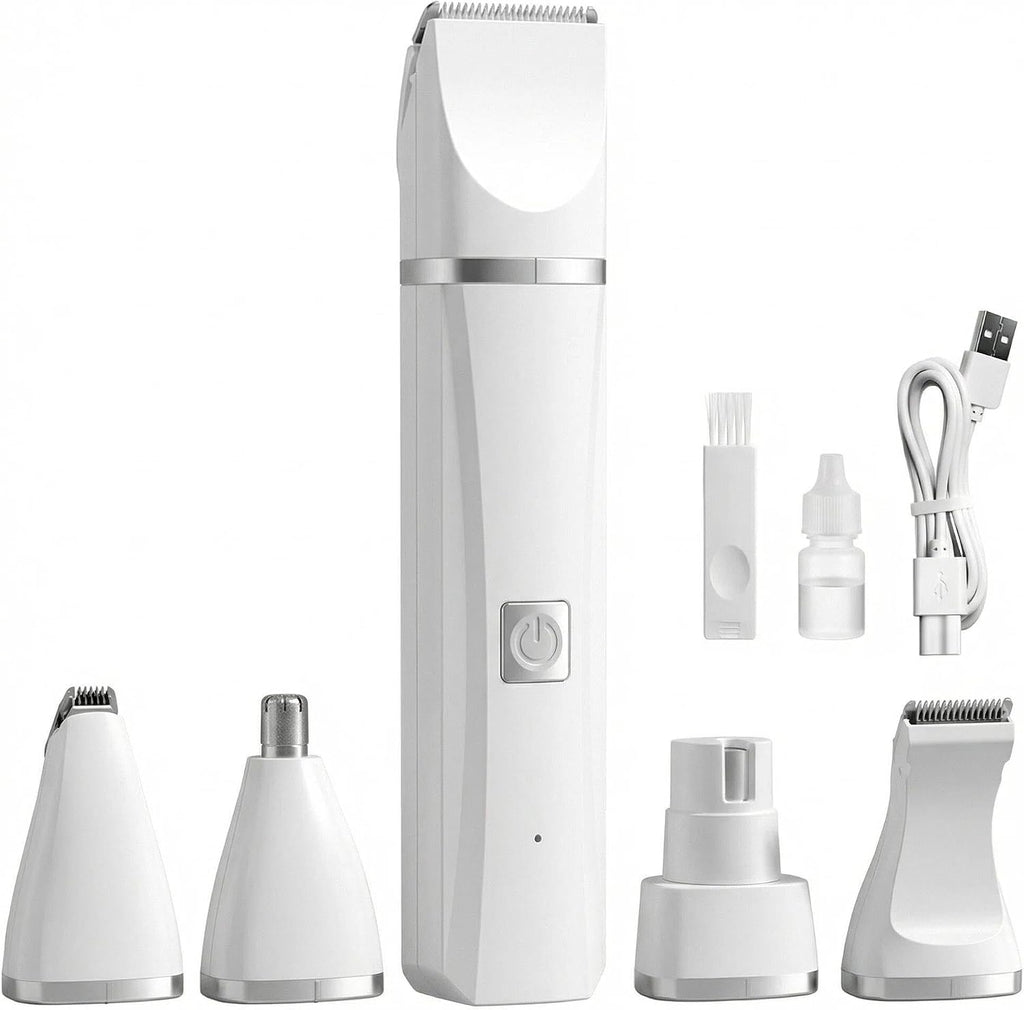 GenÃ©rico 4 in 1 pet grooming kit front view showing the white rechargeable handle with interchangeable clipper heads.
