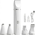 GenÃ©rico 4 in 1 pet grooming kit front view showing the white rechargeable handle with interchangeable clipper heads.