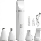 GenÃ©rico 4 in 1 pet grooming kit front view showing the white rechargeable handle with interchangeable clipper heads.