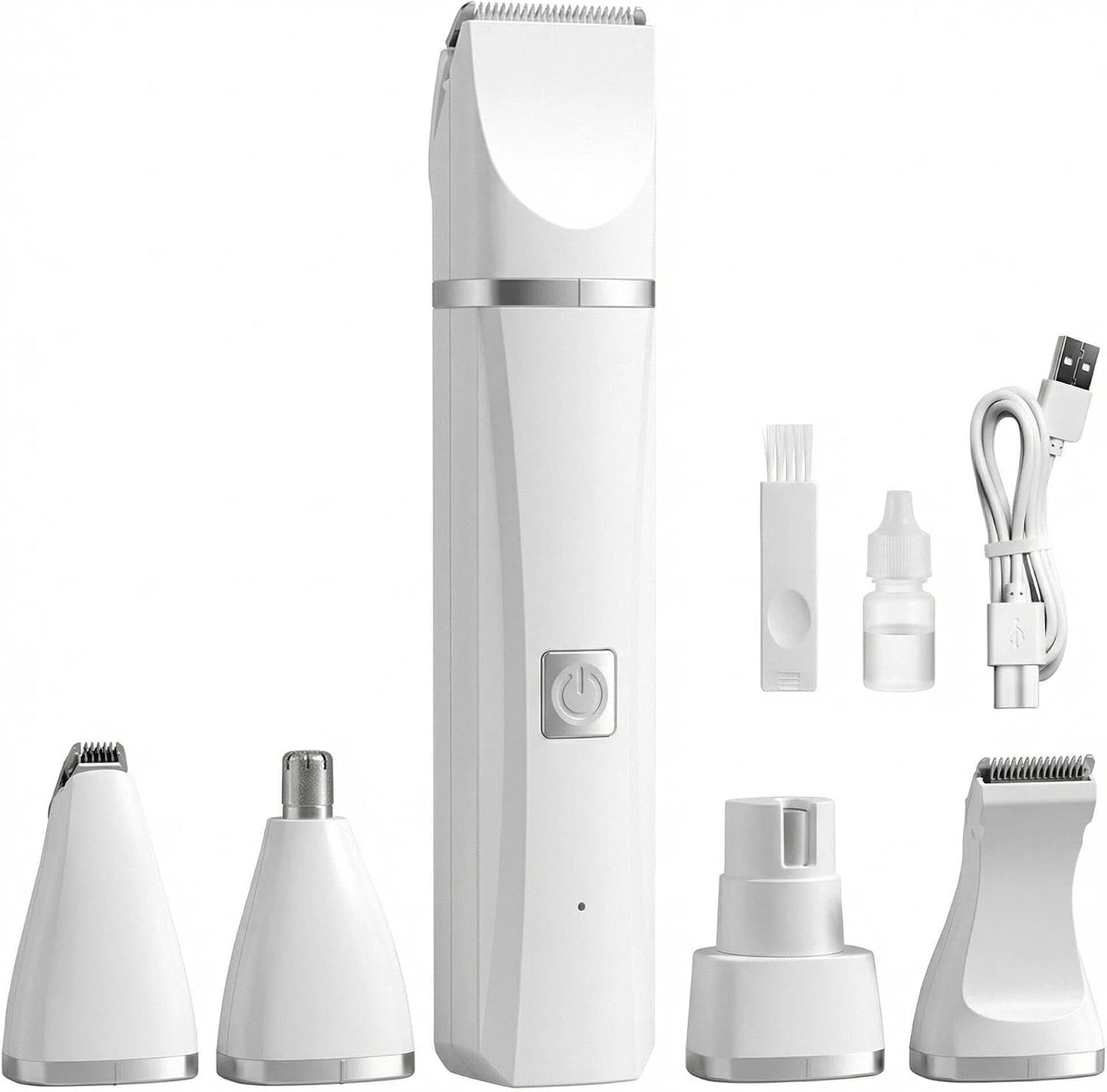 GenÃ©rico 4 in 1 pet grooming kit front view showing the white rechargeable handle with interchangeable clipper heads.