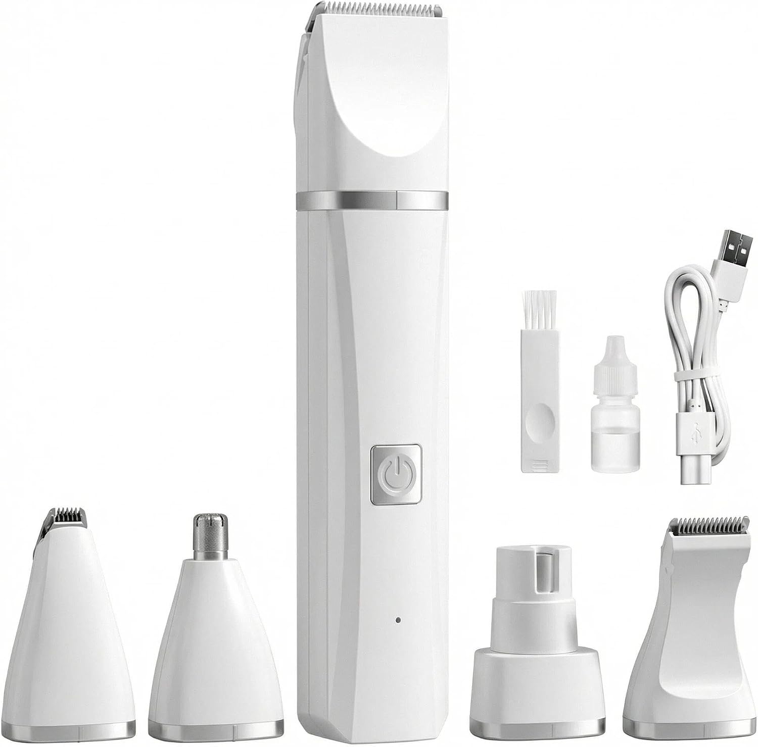 GenÃ©rico 4 in 1 pet grooming kit front view showing the white rechargeable handle with interchangeable clipper heads.