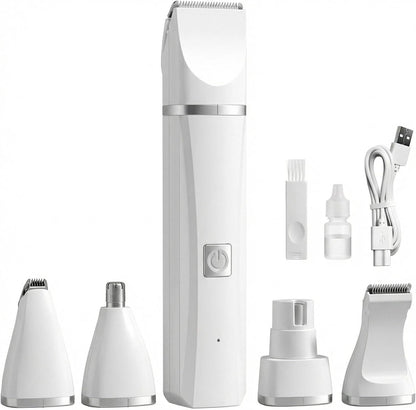 GenÃ©rico 4 in 1 pet grooming kit front view showing the white rechargeable handle with interchangeable clipper heads.