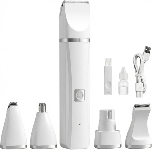 GenÃ©rico 4 in 1 pet grooming kit front view showing the white rechargeable handle with interchangeable clipper heads.