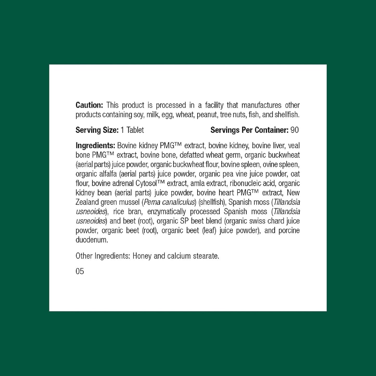 Standard Process Feline Renal Support supplement bottle label details