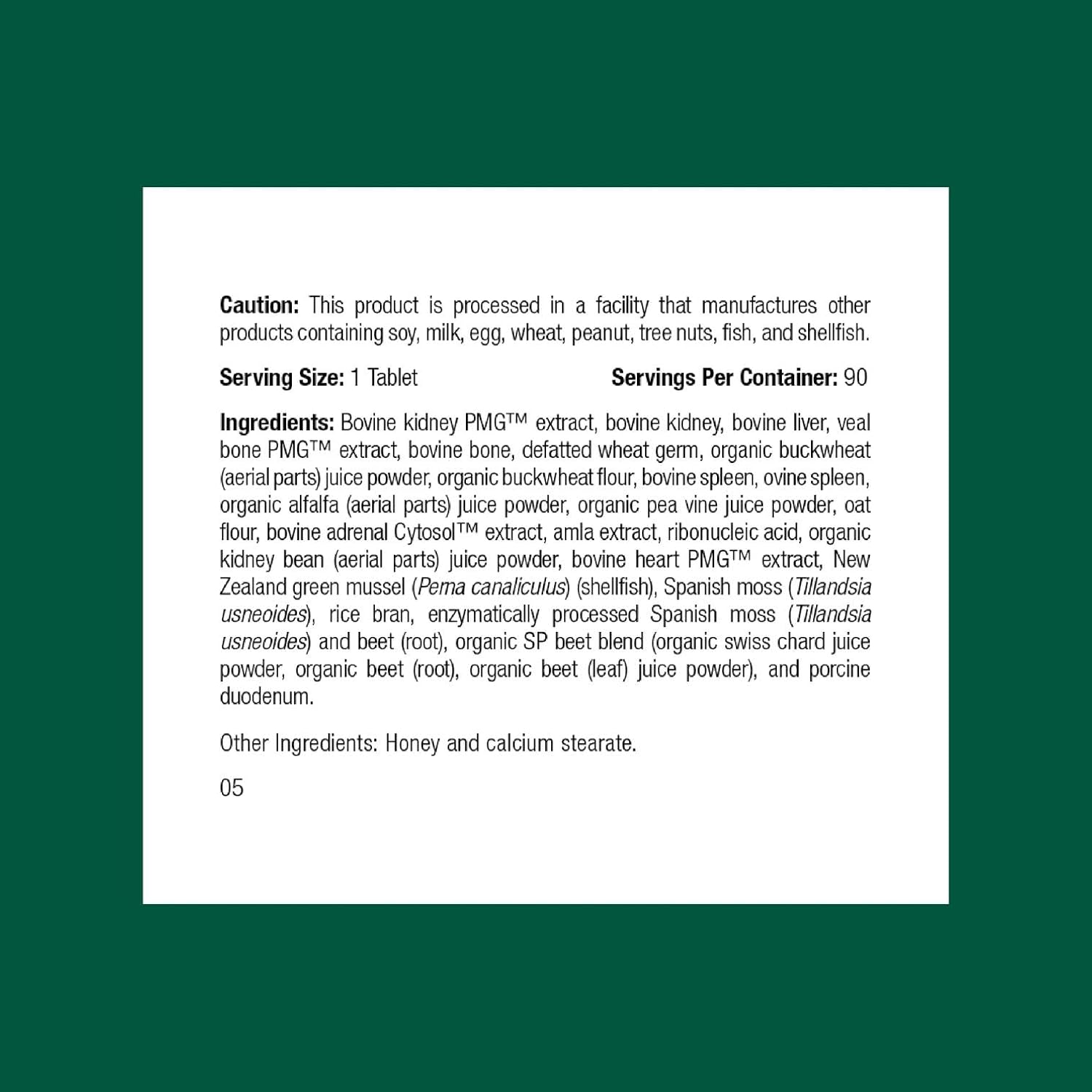 Standard Process Feline Renal Support supplement bottle label details