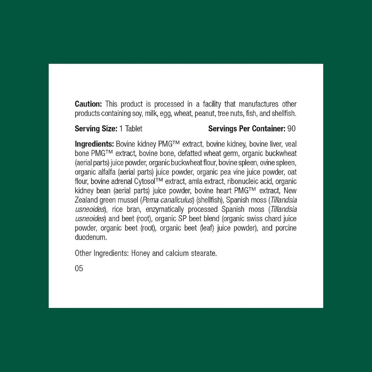 Standard Process Feline Renal Support tablet bottle label details