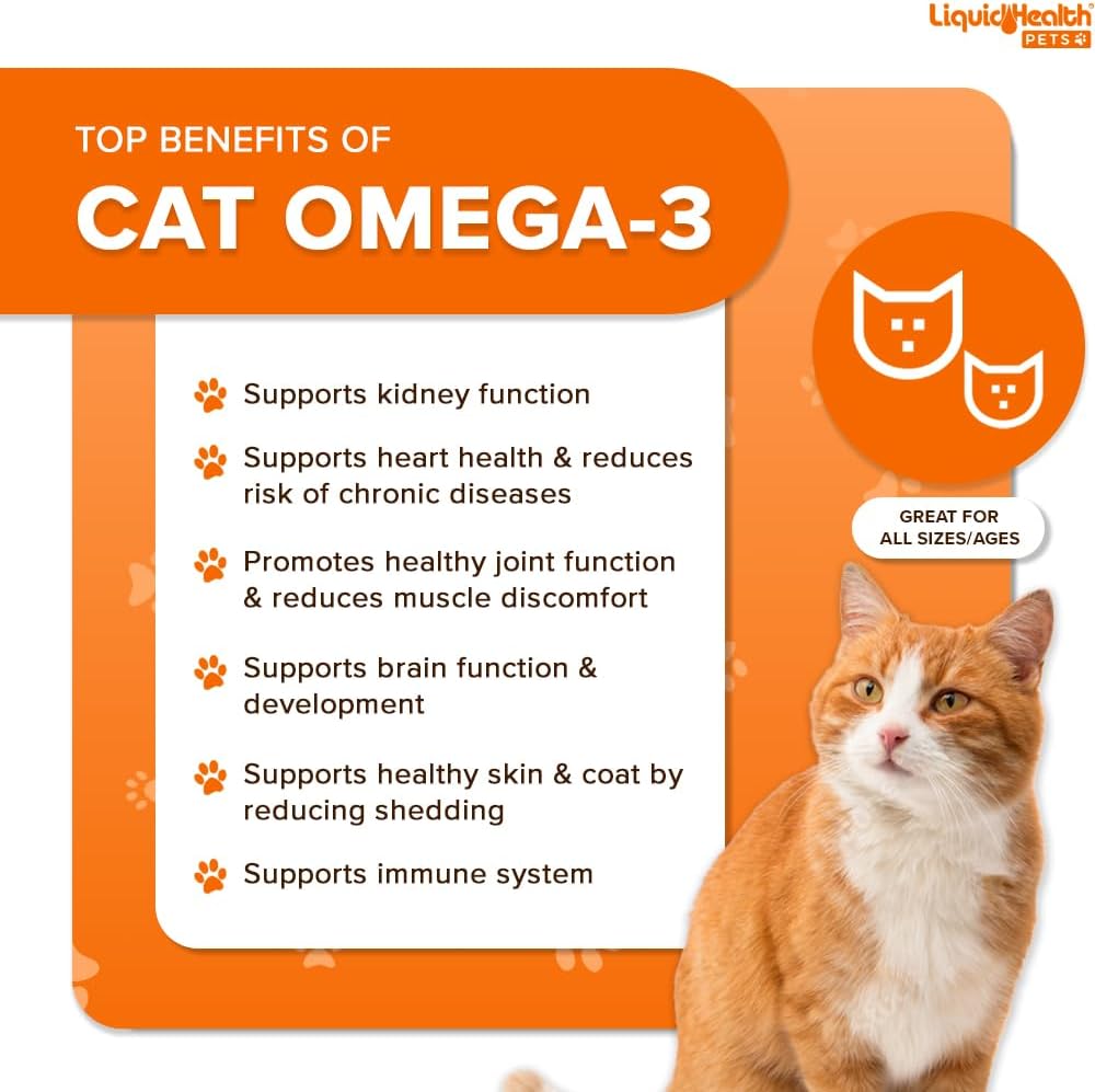 Back label of Liquid Health Pets cat fish oil with detailed ingredients and feeding directions