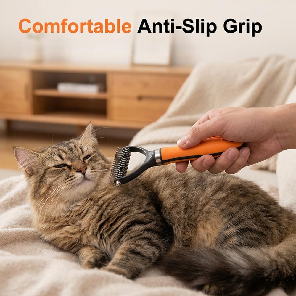 Dhgate deshedding dog brush showcasing the ergonomic non-slip rubber grip.