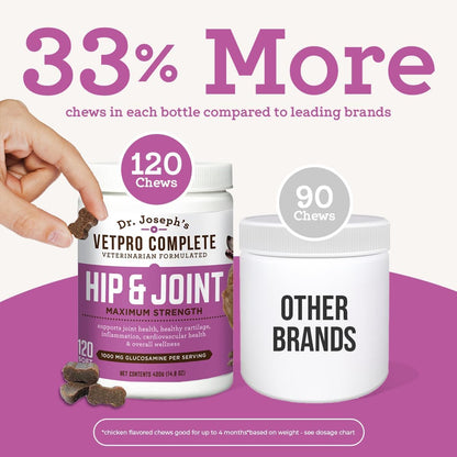 Dr. Joseph's VetPro Complete Dog Hip & Joint Wellness Supplement - High-Strength Glucosamine, MSM, Omega & Chondroitin Chews and Breeds - Vet Formulated Chicken Dog Treat - 120 Count - Image 9
