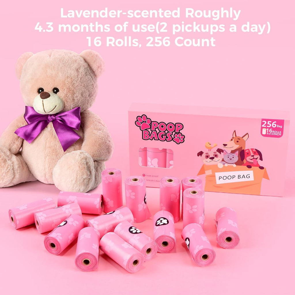 Pink lavender scented pet waste bags rolls showing easy tear breakpoint