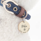 Acatinthetree custom round pet collar charm in polished gold finish with engraved telephone numbers.