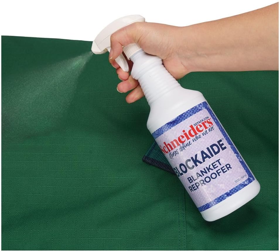 Close up of thirty two ounce horse turnout blanket reproofing spray formula