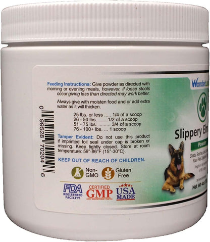 Back view of Wonder Laboratories pet supplement bottle with manufacturing information