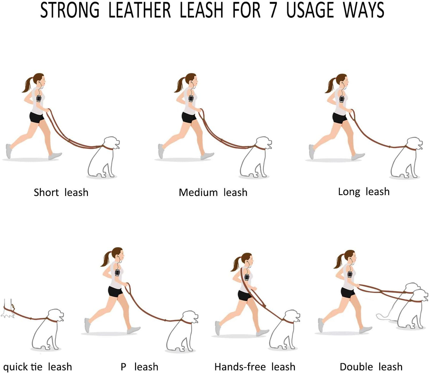 Eight foot hands free leather dog leash configured as a cross body walker for hands-free training.