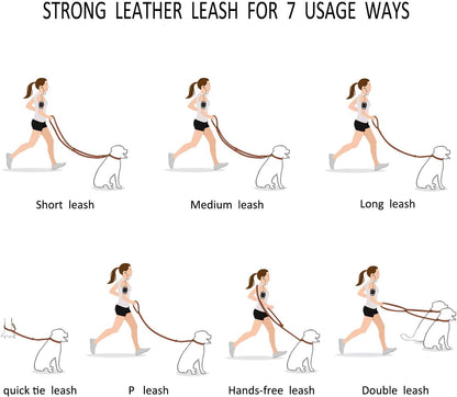 Eight foot hands free leather dog leash configured as a cross body walker for hands-free training.