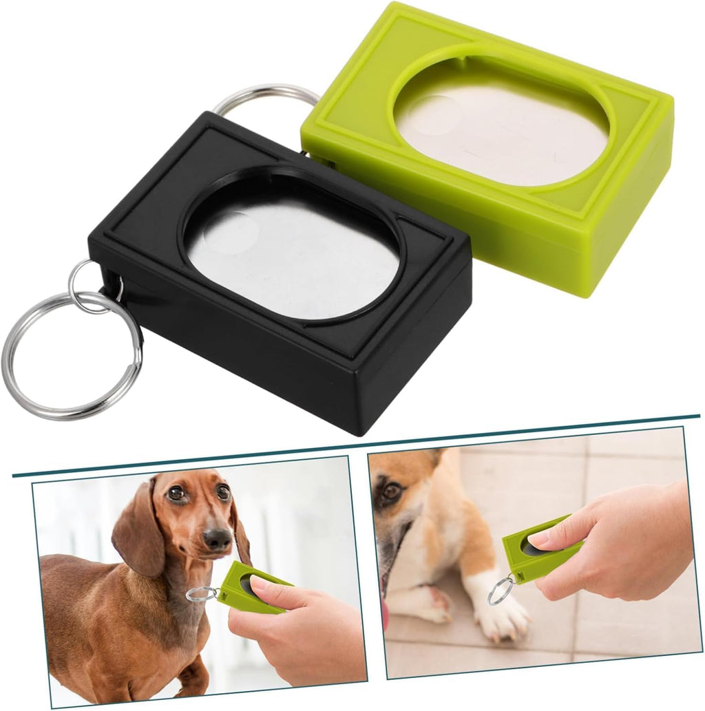 Generic dog behavior clicker trainer with metal keychain ring close up view