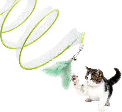 Kitten playing inside the bright green protective polyester cat play tube